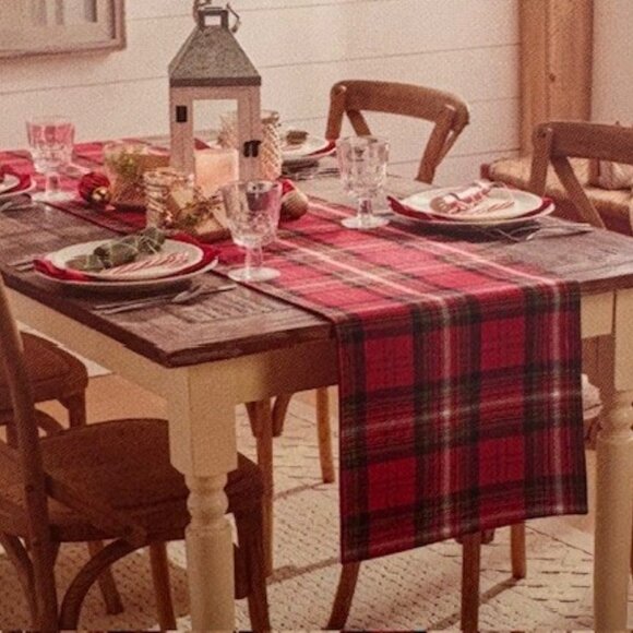 Shabby Chic 2 Piece Christmas Table Runner Embroidered Tree Tartan Plaid NWT - Picture 5 of 12